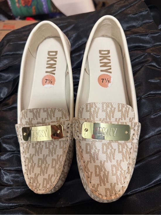 Dkny Shoes - DKNY Beige Logo Slip-On Loafers with Gold Plaque
